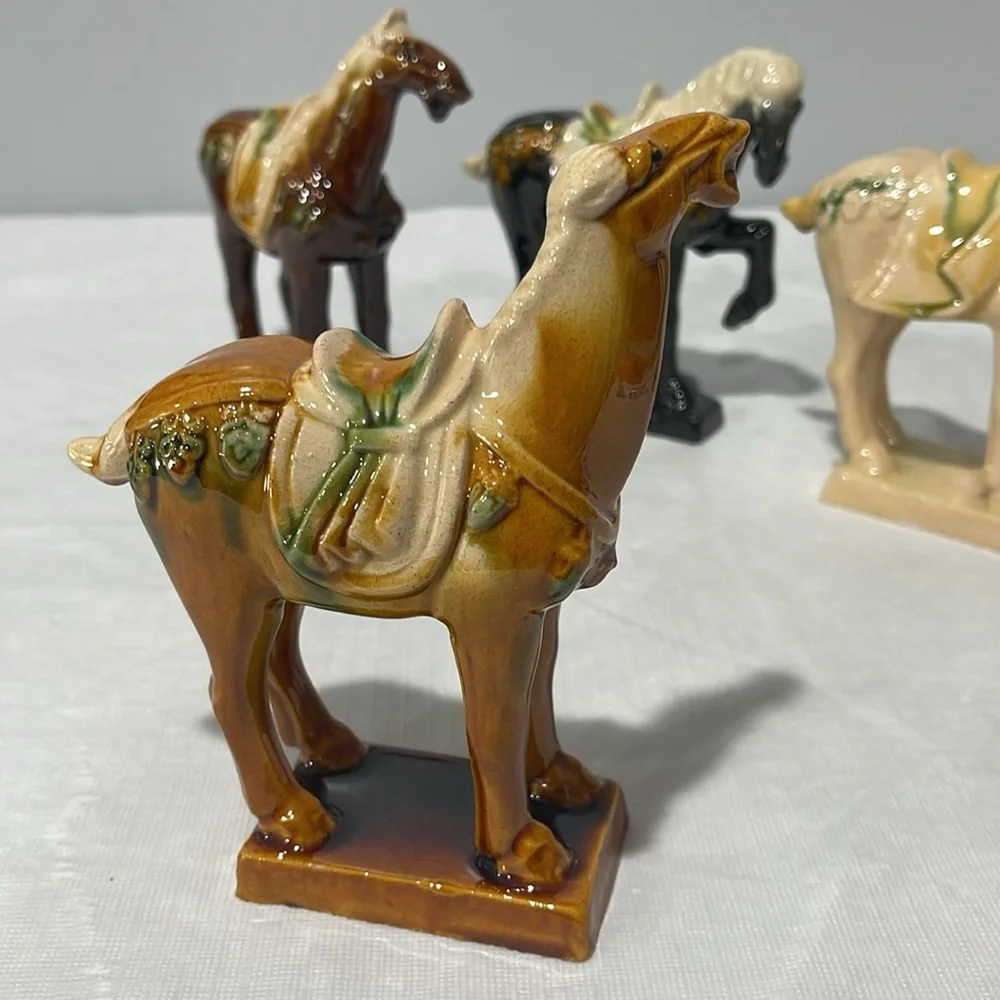 Vintage Chinese Tang Dynasty Majolica Sancai Drip Glaze War Horses set of 6 - Picture 6 of 16